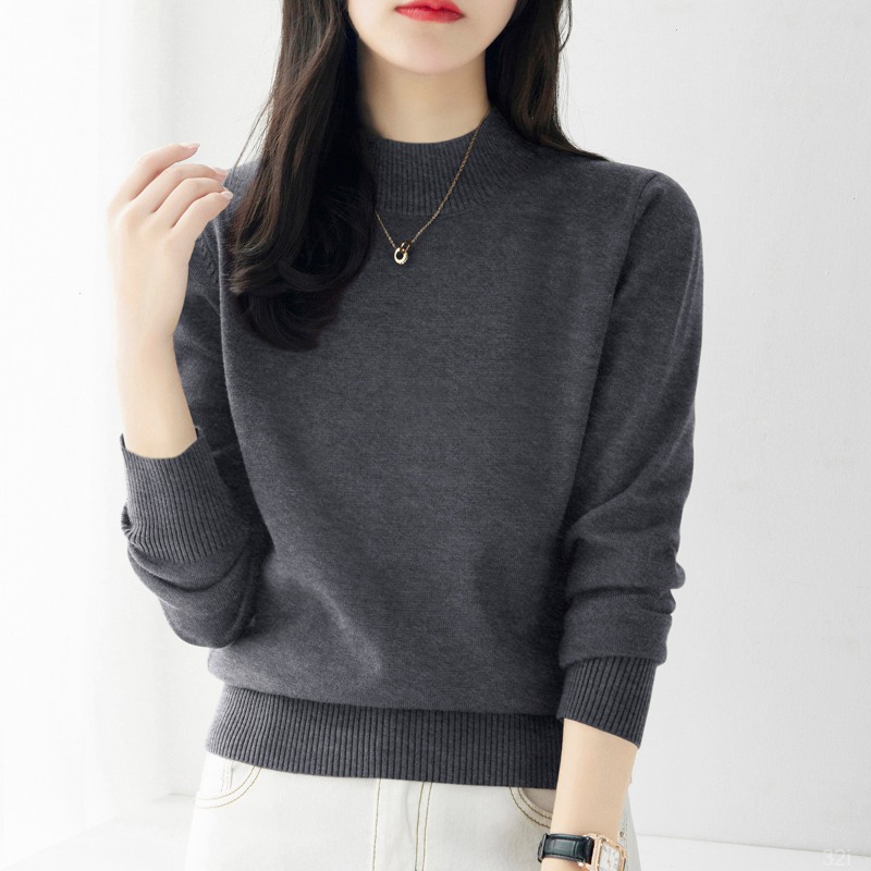 新款内搭深灰色修身显瘦针织衫女半高领毛衣冬季长袖气质打底上衣