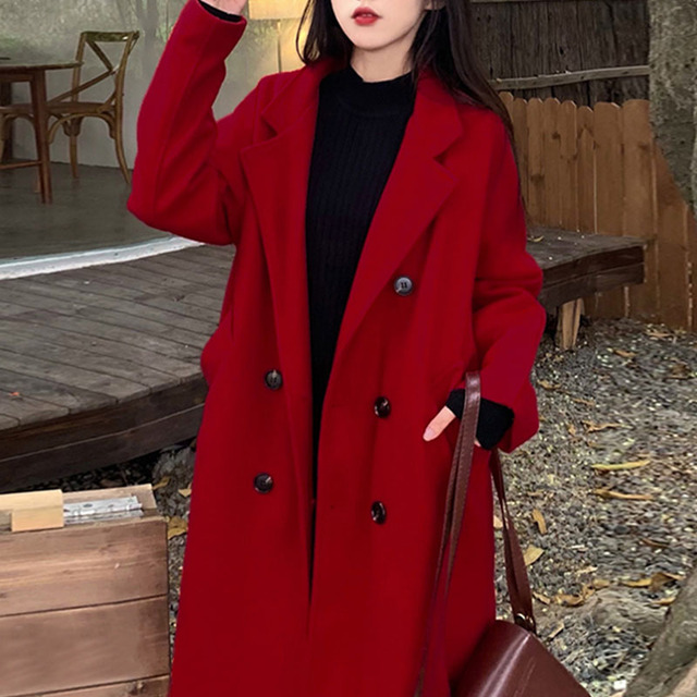 酒红色羊绒质感毛呢外套韩系大码女装胖MM200斤高级感加厚呢大衣
