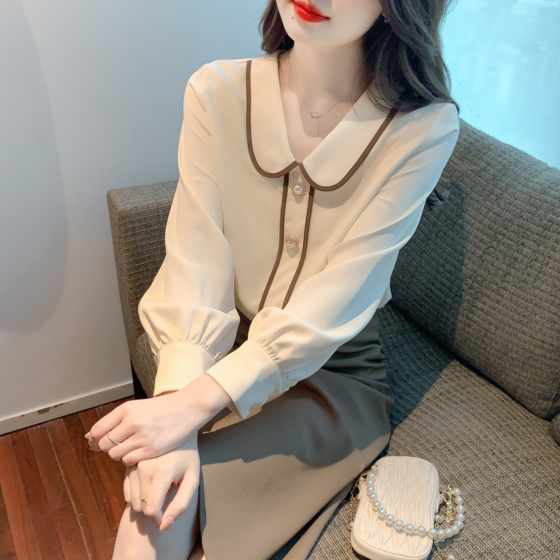 春秋季2025新款法式娃娃领长袖雪纺衫百搭纯色上衣女通勤套头衬衣