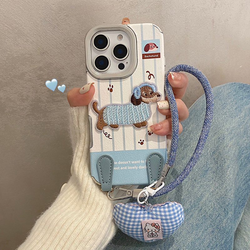 秋冬刺绣腊肠狗适用iPhone17promax手机壳苹果15带挂绳16新款14软