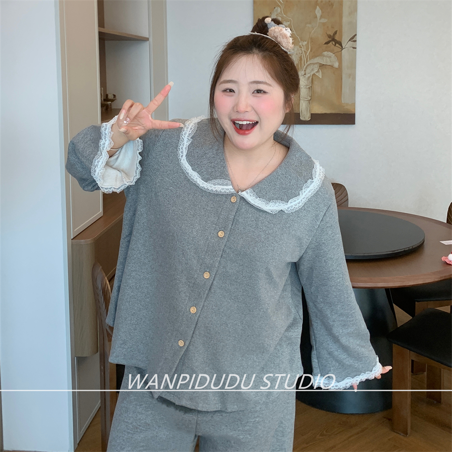 大码胖MM200斤秋冬长袖长裤德绒睡衣纯色简约灰色公主甜妹感