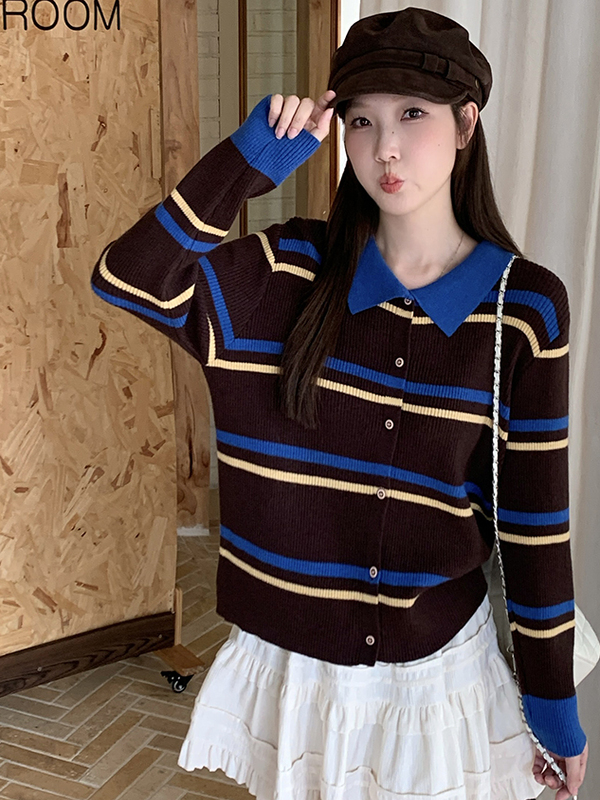 高级感条纹polo领针织衫女新款韩系胖MM显瘦百搭开衫上衣G9-45