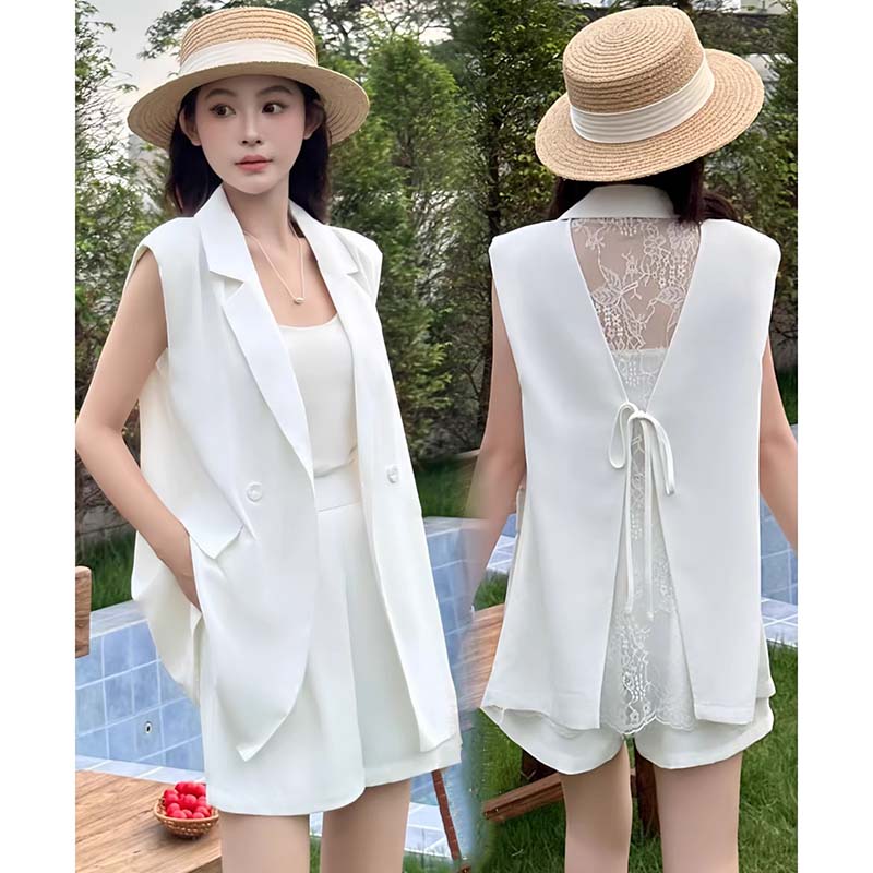 【两件套】【有里布】女夏季新款蕾丝露背无袖马甲西装气质套装D2899