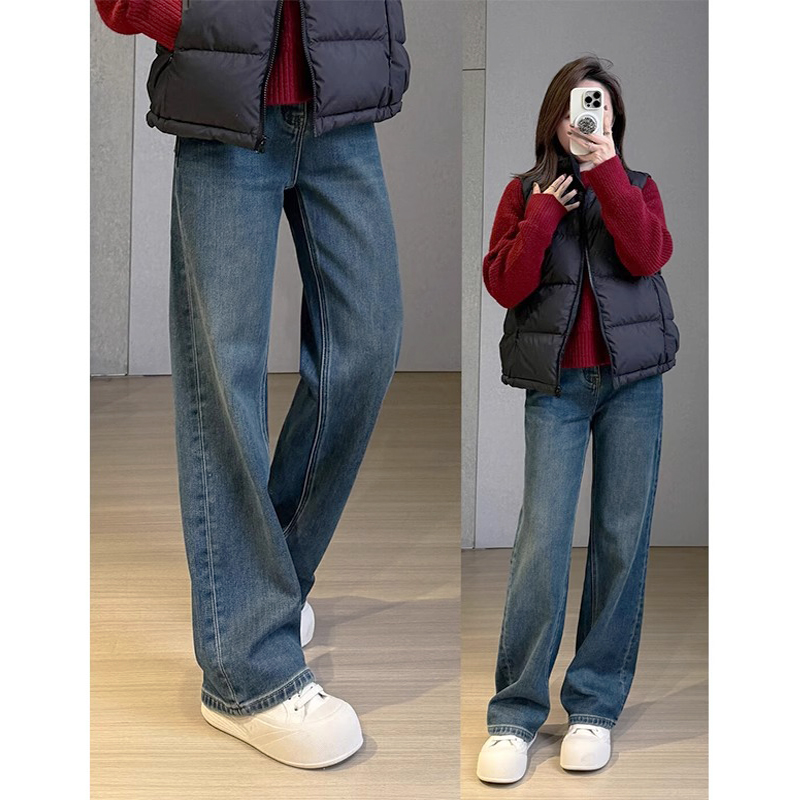 双扣高腰2025新款窄版牛仔裤女加绒直筒秋冬小个子爆款显瘦阔腿裤