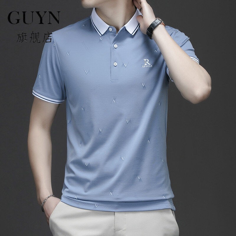 GUYN中年男丝光棉翻领短袖t恤男夏季宽松大尺码印花休闲Polo衫薄
