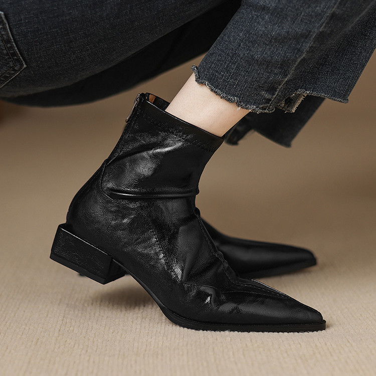 法式轻奢/黑色羊皮尖头粗跟短靴女秋冬真皮加绒后拉链百搭瘦瘦靴