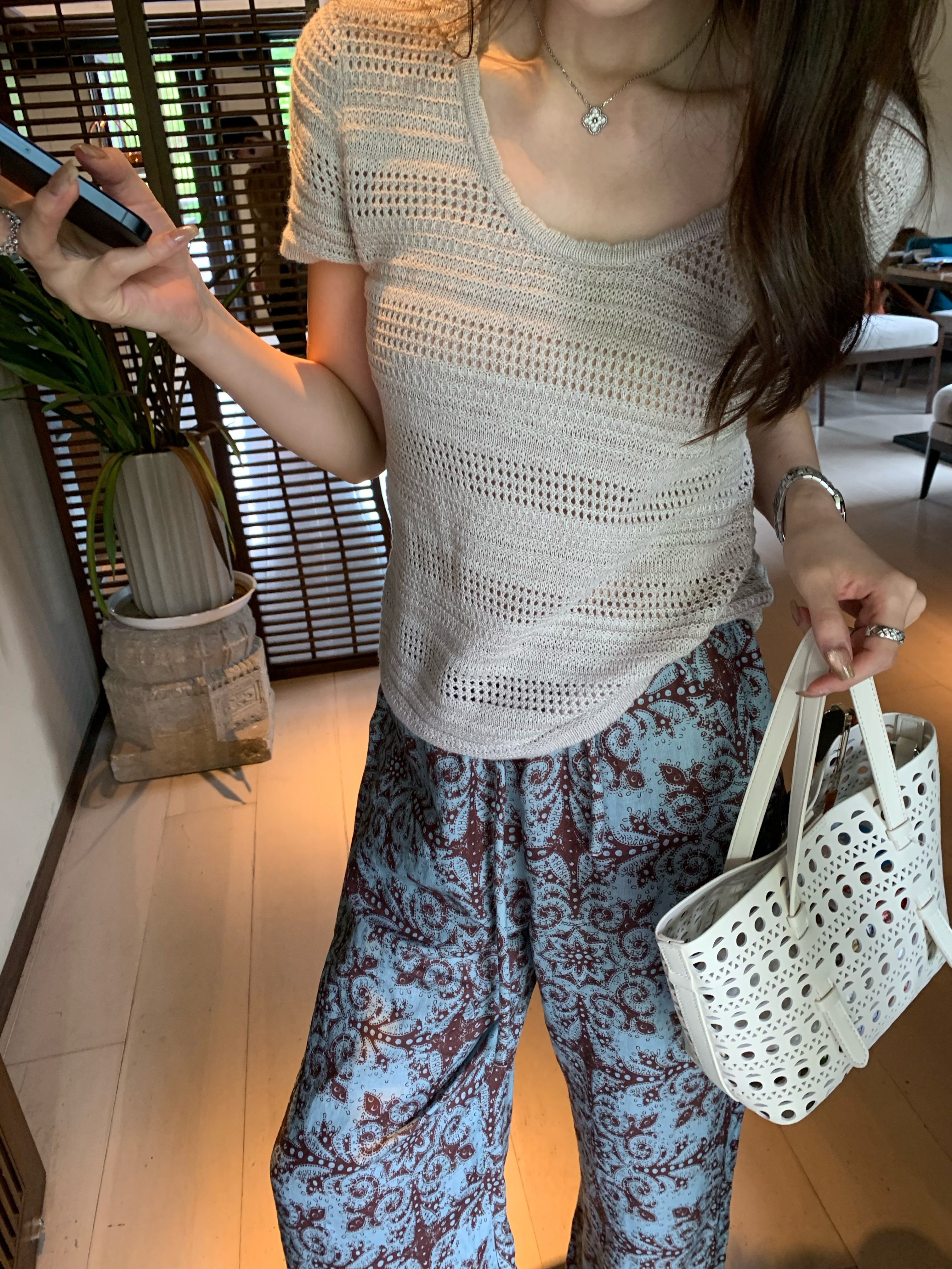 BIG WHITE REMADE“镂空引力”高定亚麻沙滩背心灰色镂空T恤D5L531