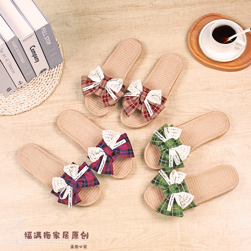新款亚麻草编凉拖女夏时尚简约蝴蝶结居家软底防滑可外穿家居拖鞋