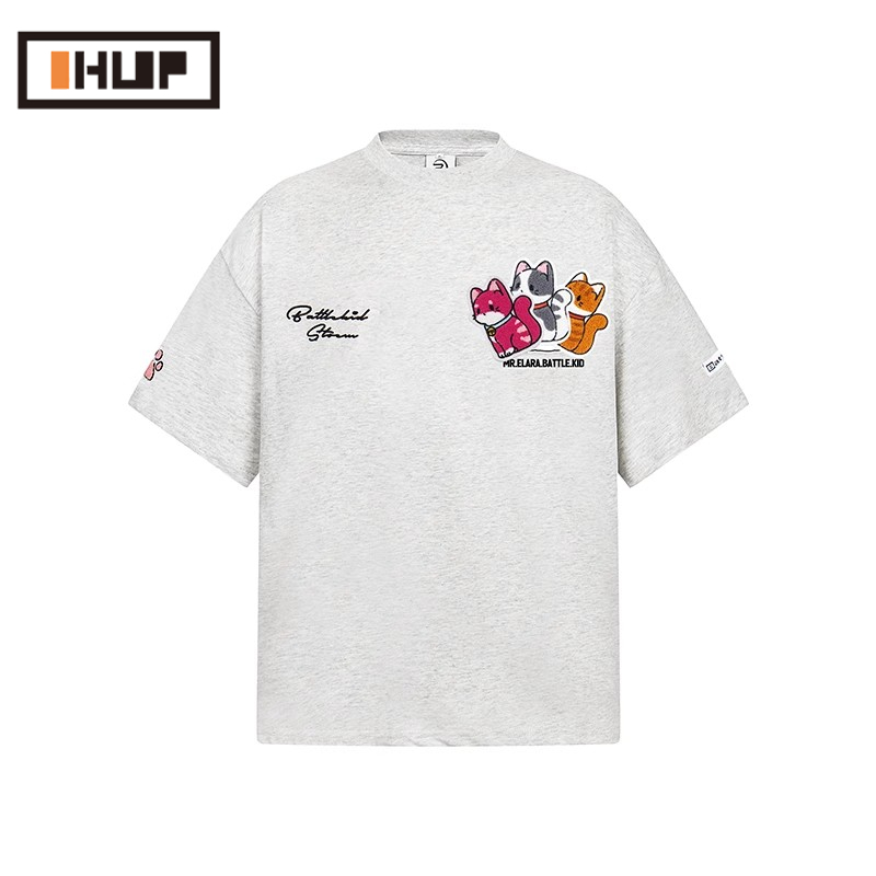 OHUP复古小猫魔术贴短袖男女夏季宽松情侣简约风上衣凉感舒适T恤