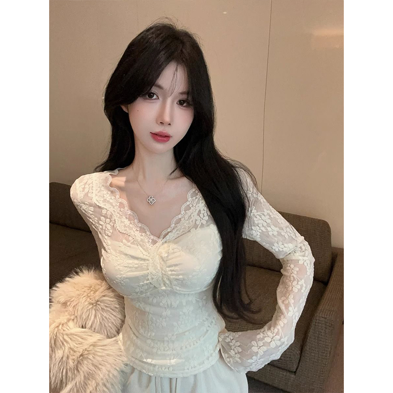 洋气V领镂空性感蕾丝修身显瘦加绒长袖内搭上衣打底衫修身秋冬