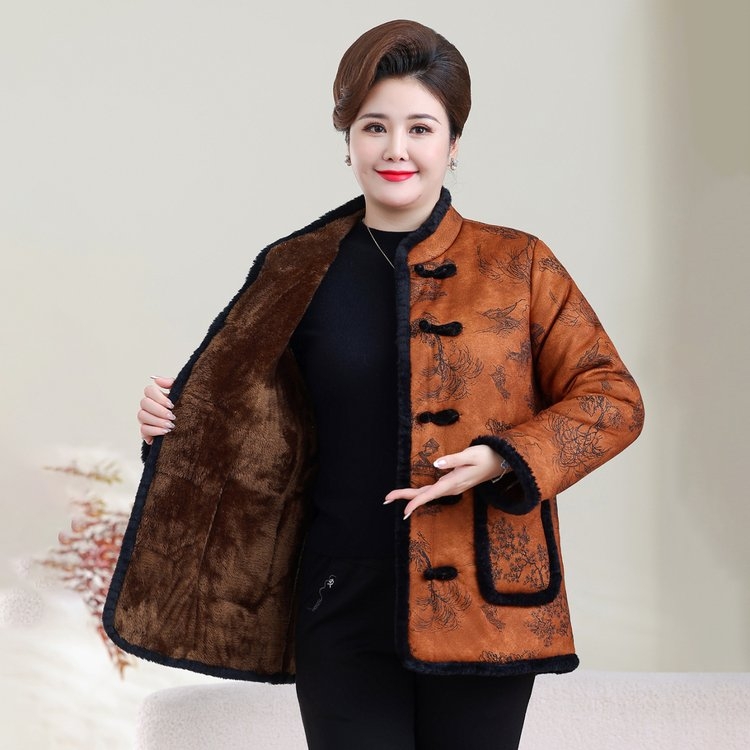 特大码胖妈妈冬季加绒加棉新中式复古中老年女装棉袄妈妈装加厚
