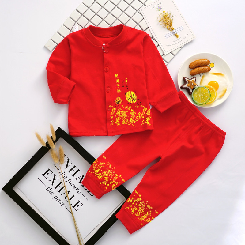 男宝宝汉服红色短袖短裤套装一周岁礼服中国风喜庆女童抓周服婴儿