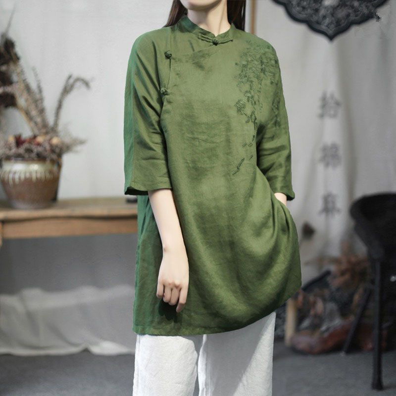 夏款中长款棉麻唐装上衣刺绣女装棉麻茶服中式盘扣改良汉服禅修服