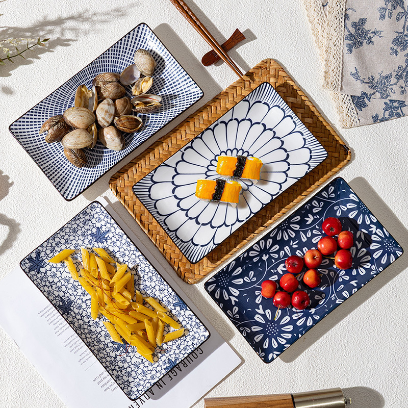 洛诺兔日式长方盘釉下彩陶瓷9英寸家用饺子盘点心盘鱼盘家用浅盘