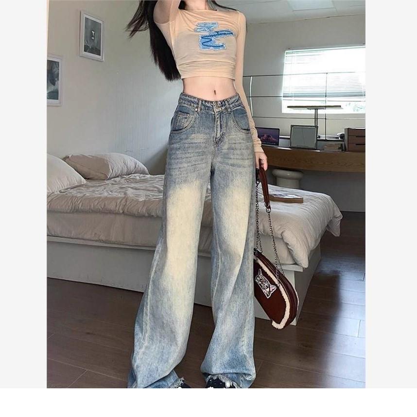 美式复古磨白废土风做旧直筒牛仔裤女春秋高腰宽松显瘦拖地阔腿裤