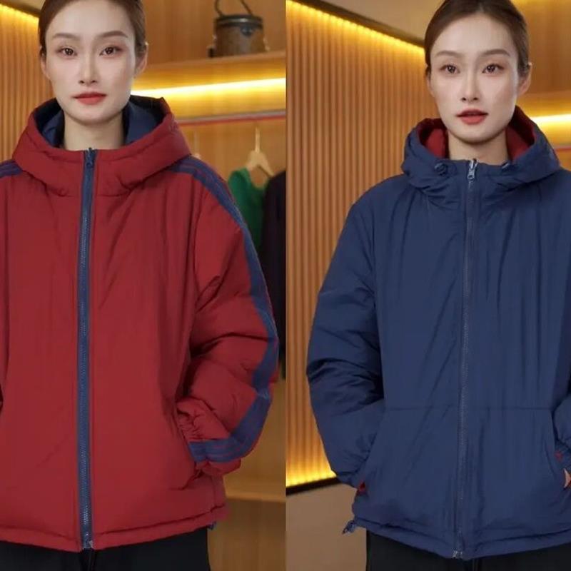 韩版休闲简约连帽双面穿夹棉外套棉衣女2025秋冬款显瘦百搭棉服潮