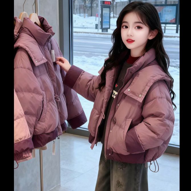 女大童棉服2025新款洋气儿童夹棉加厚外套冬装紫色棉袄面包服短款