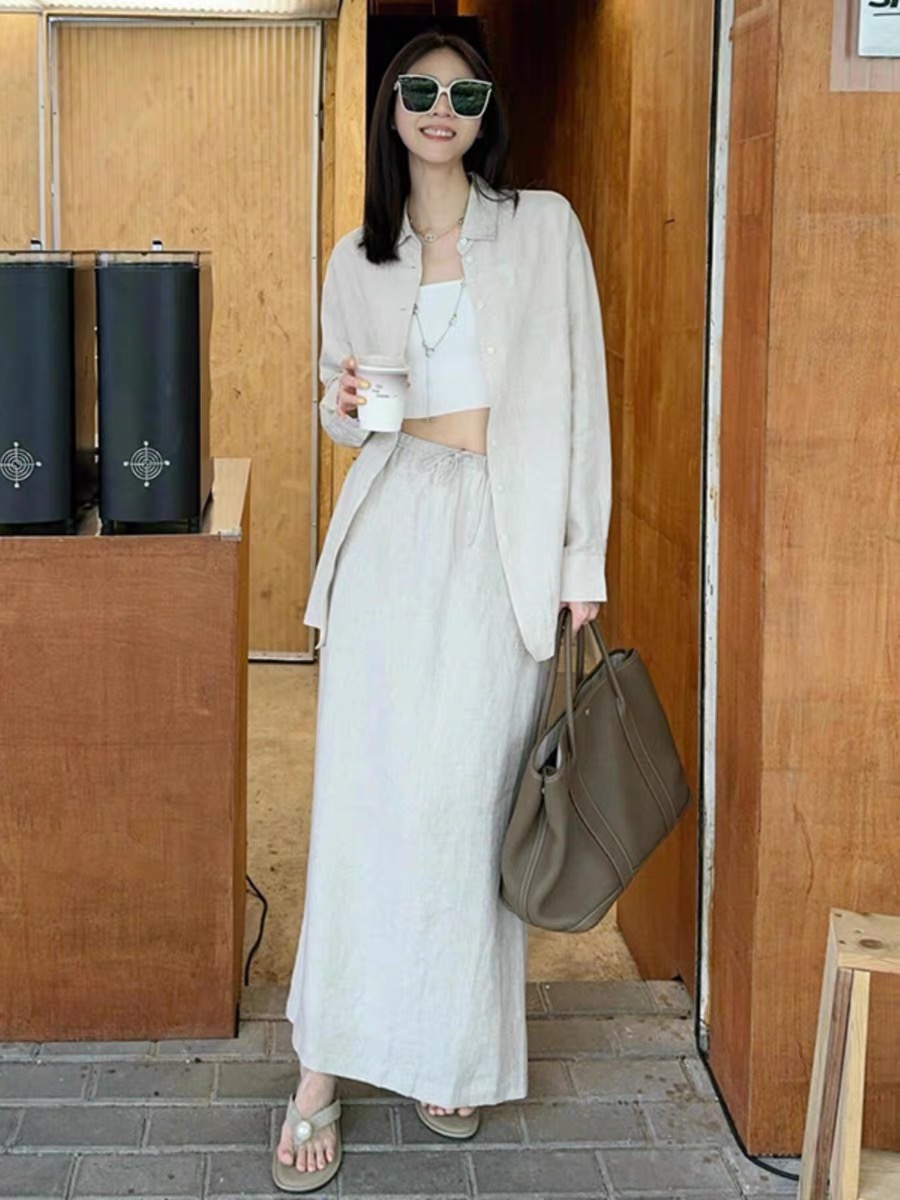 老钱风慵懒套装气质衬衫开衫显瘦百搭休闲半身裙两件套裙子白色