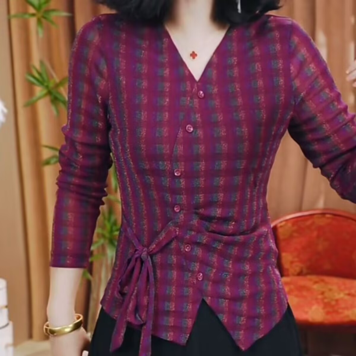 秋季新款休闲洋气长袖气质百搭V领不规则显瘦上衣小衫