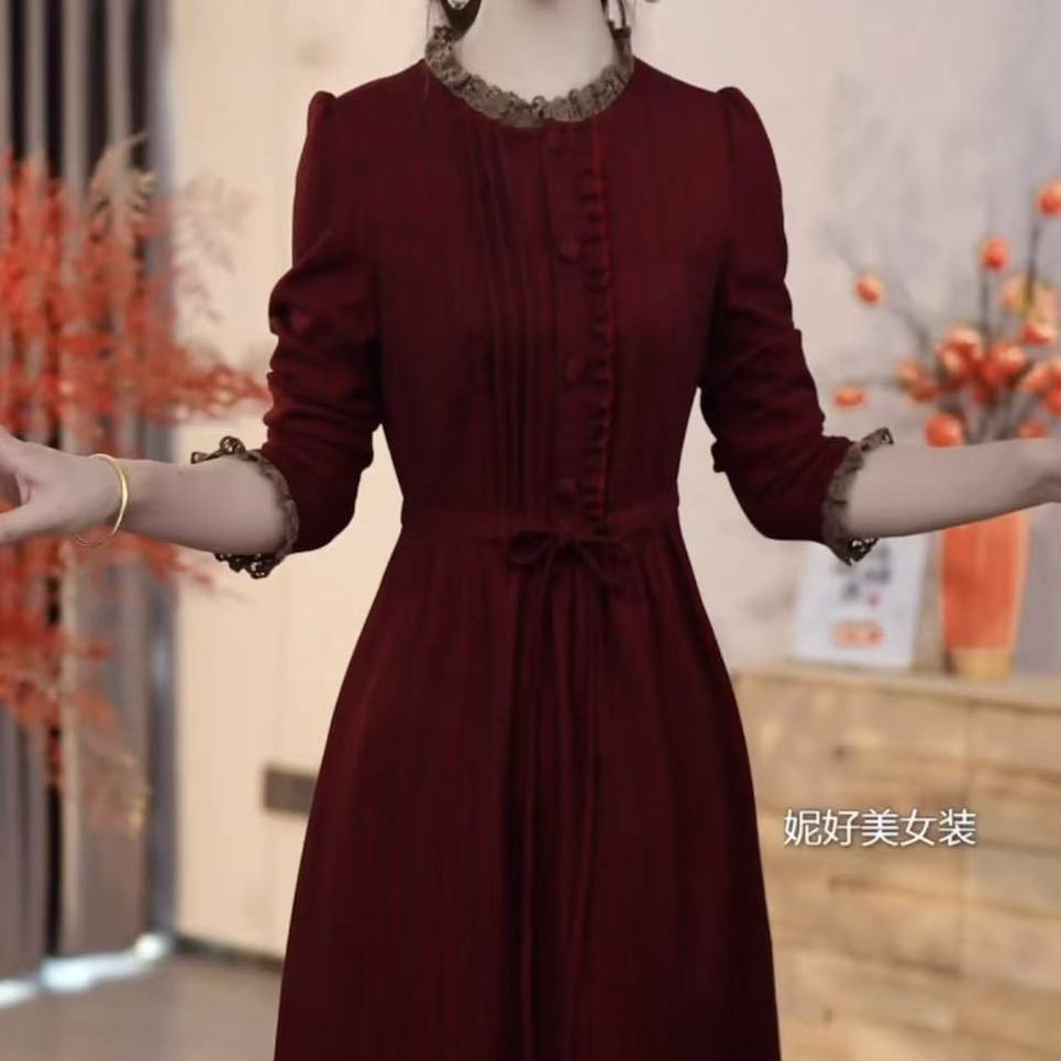 高级精纺优雅气质拼接礼服裙女2025秋季新款收腰显瘦遮肚子连衣裙