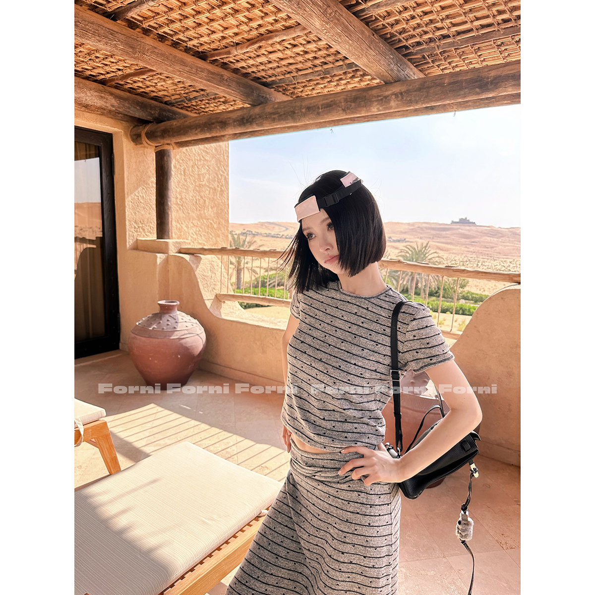 FORNI 爱心攻击波 美式复古小爱心条纹休闲短袖半身裙套装XIANHUO