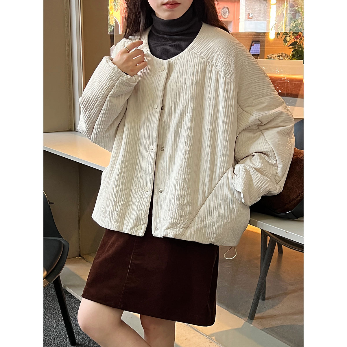 韩系简约宽松休闲圆领短款棉服秋冬新款女冬季上衣棉袄夹克外套