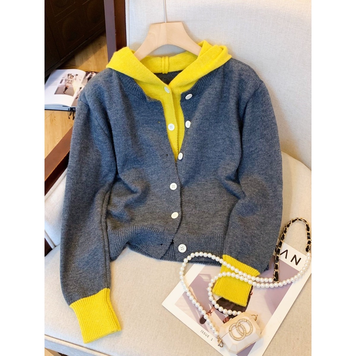 设计色块假两件套针织女士开衫2024秋冬新款小毛衣夹克上衣