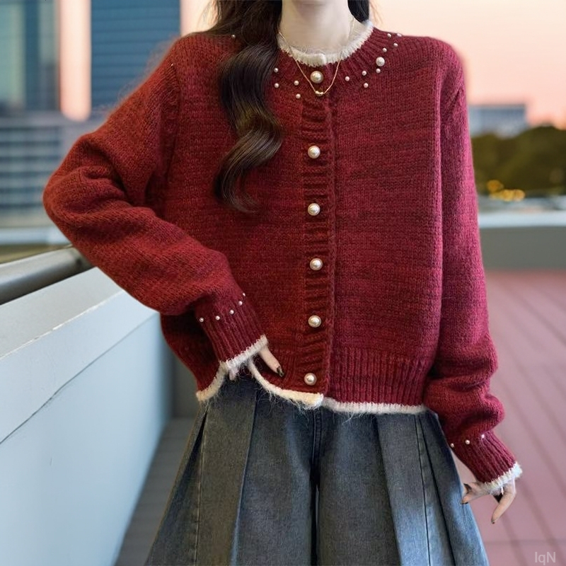 新年红色设计感拼色钉珠小香风毛衣女2025秋冬新款韩系百搭针织上