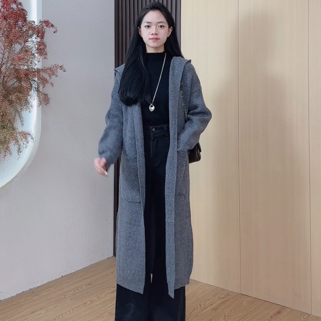 小个子定制长款慵懒风连帽冬季针织毛针织衫网红气质中长款开衫