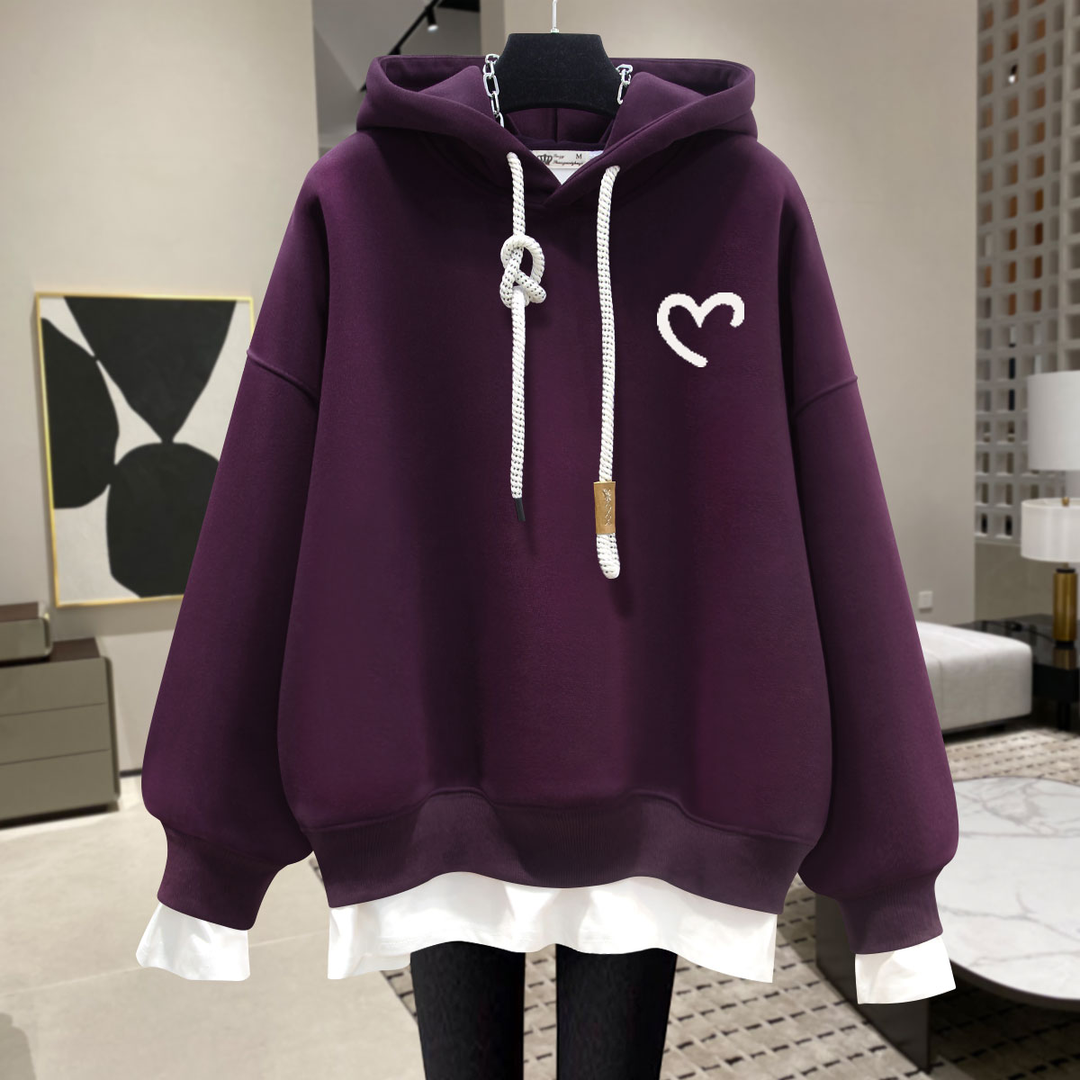 紫色小爱心假两件连帽卫衣女2025新款春秋冬季慵懒风宽松保暖外套