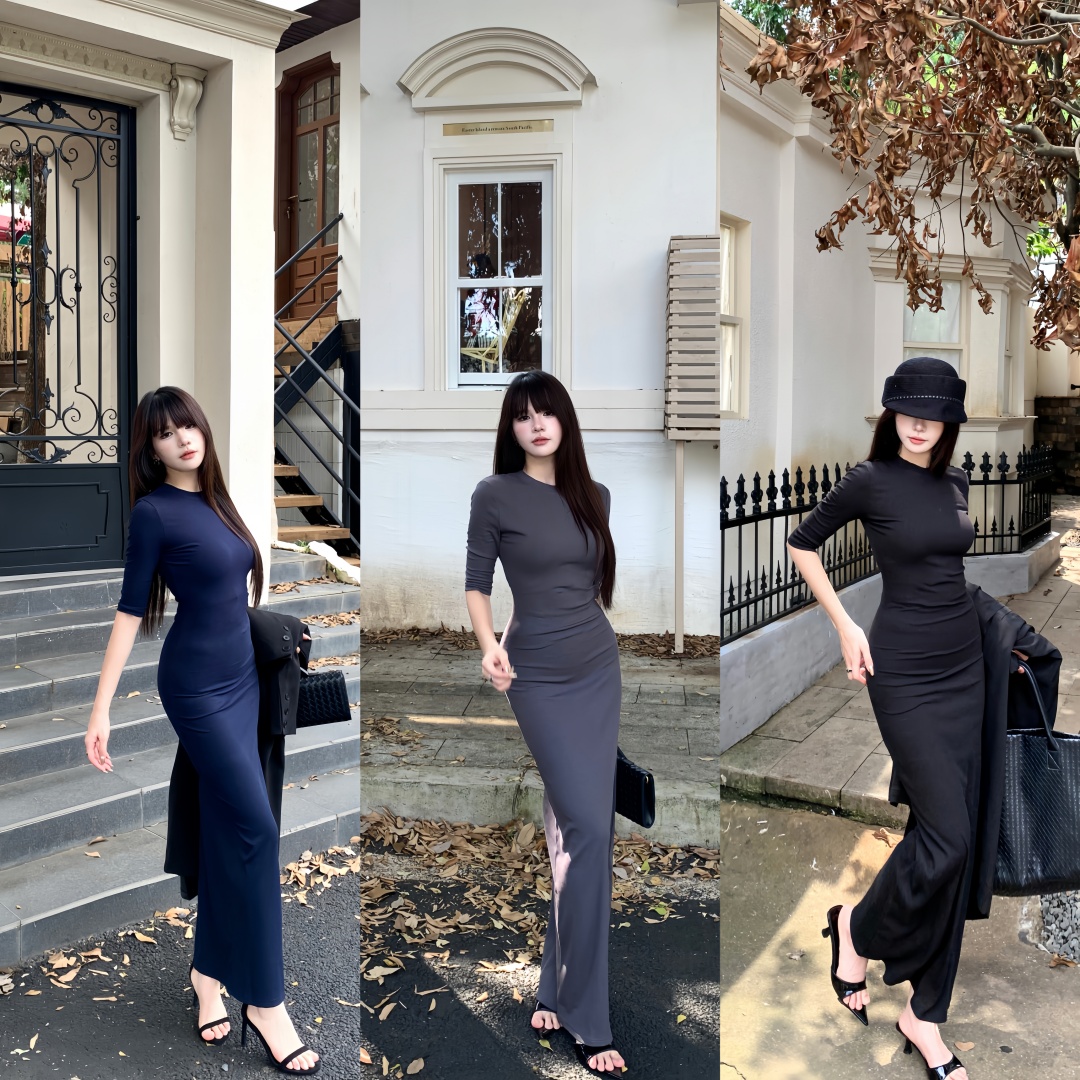 复古高级感气质圆领正肩收腰紧身显瘦中袖内搭外穿长裙