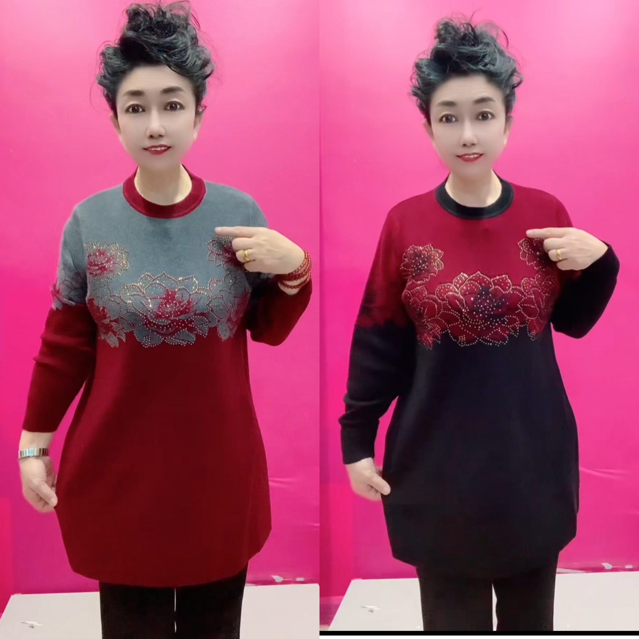 新款中长款圆领大码妈妈针织衫时尚百搭显瘦中老年女装