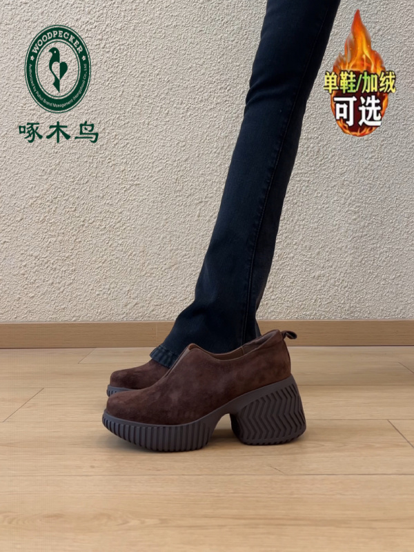 啄木鸟小个子复古圆头松紧V口一脚蹬通勤厚底深口单鞋软皮乐福鞋
