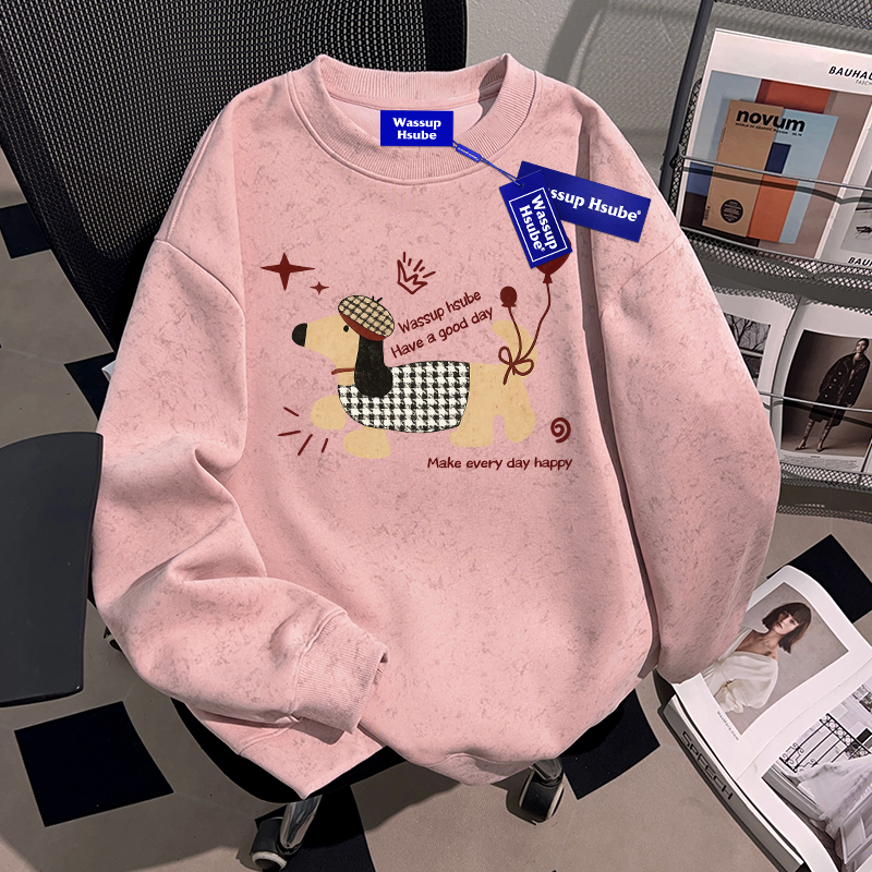 WASSUP HSUBE设计感美式潮流蜡染圆领卫衣重磅潮酷宽松青少年上衣