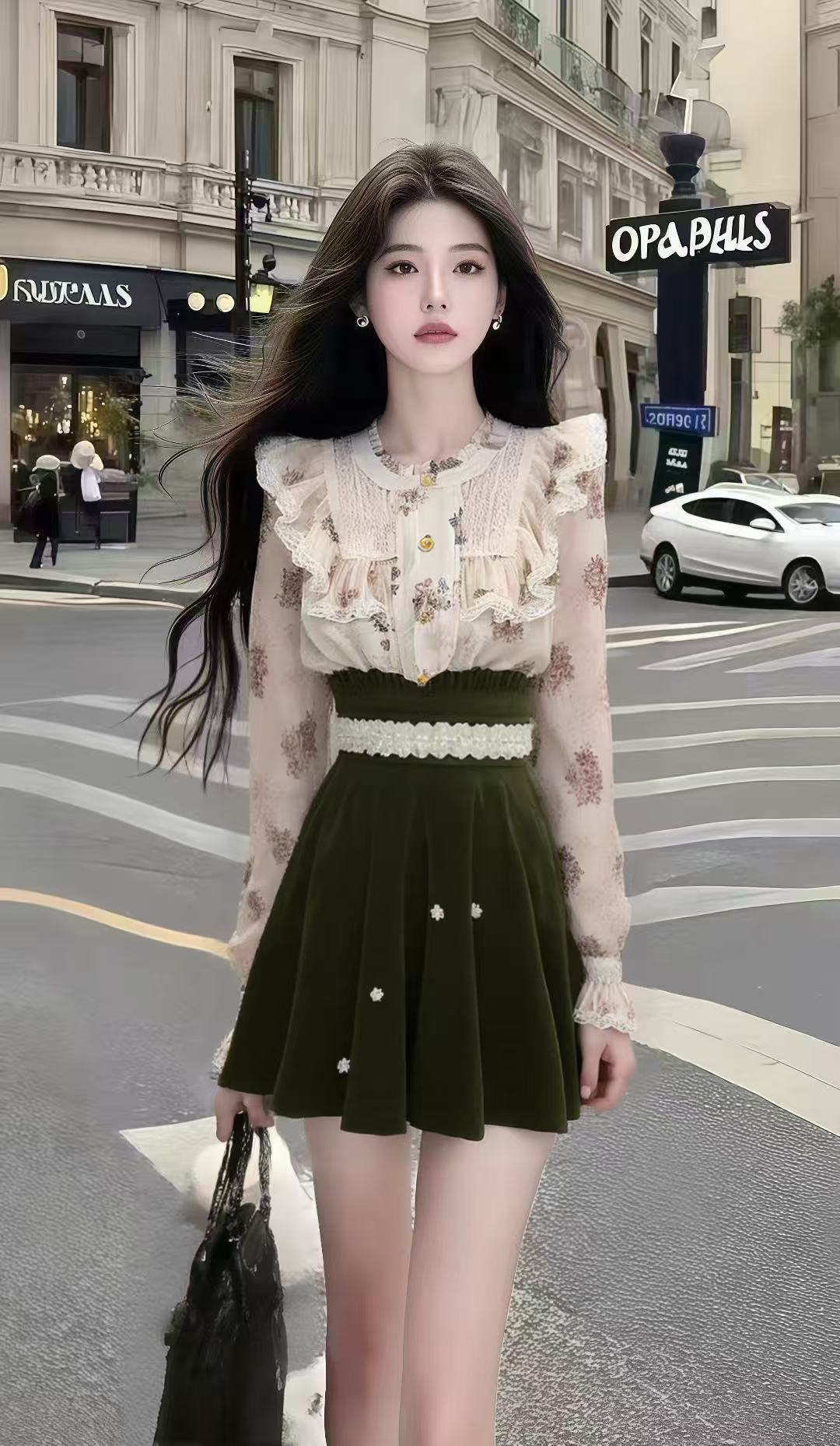 轻奢时尚温柔千金风碎花圆领长袖设计感上衣+绿色高腰半身裙套装