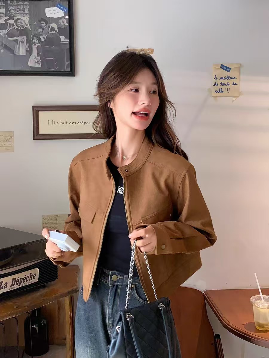 韩版时髦设计感小个子皮绒外套女气质春秋季新款宽松短款夹克上衣