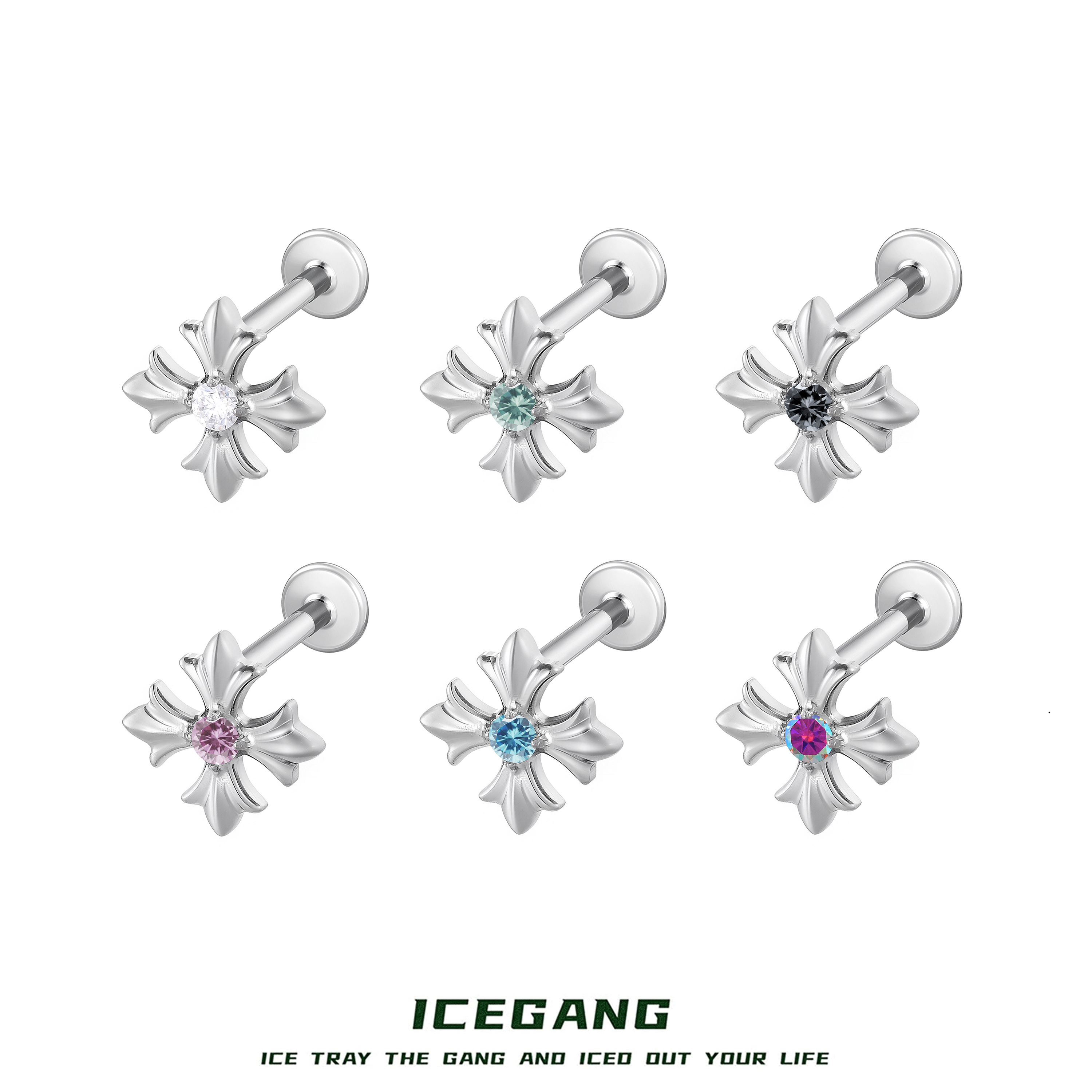 ICEGANG 钛合金莫桑石耳饰 F136钛合金莫桑鸢尾十字耳钉小众欧美