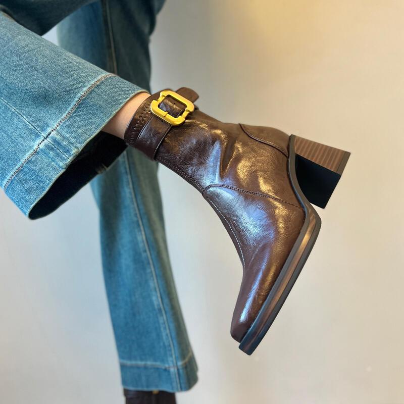 羊皮版~静音底方头高跟短靴女轻奢粗跟瘦瘦靴百搭显瘦新款马丁靴