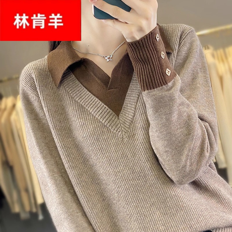 拉夏假两件翻领针织打底衫女春秋款内搭洋气大码女装秋冬毛衣