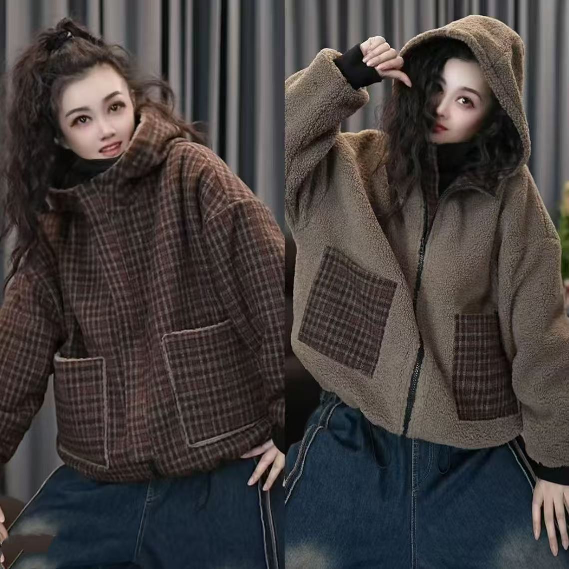 冬日新款美拉德复古格子两面穿保暖洋气显瘦外套韩版休闲百搭