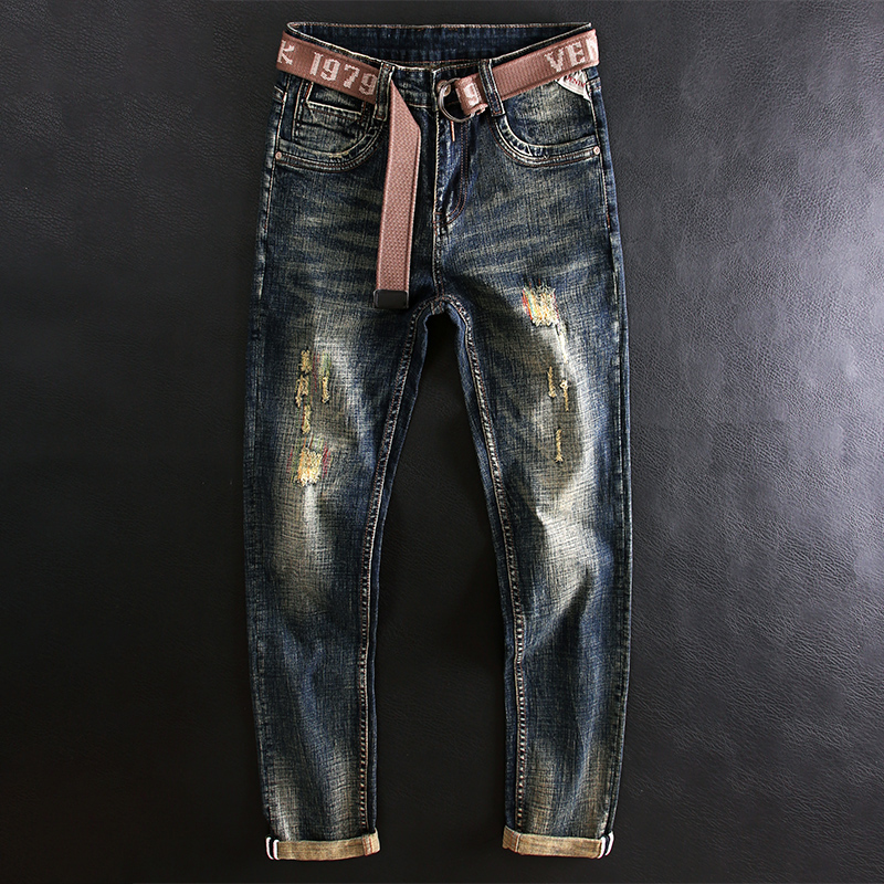 NDSL轻奢欧美潮牌复古做旧牛仔裤男修身小直筒水洗抓痕秋冬潮流裤