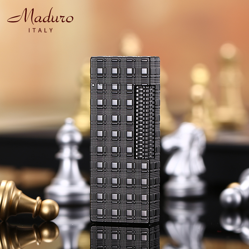 maduro充气打火机黄铜窄版侧滑经典意大利方格火机礼品送男朋友潮
