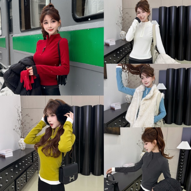 【小蛮腰37°】德绒暖T！显瘦正肩半拉链撞色上衣长袖