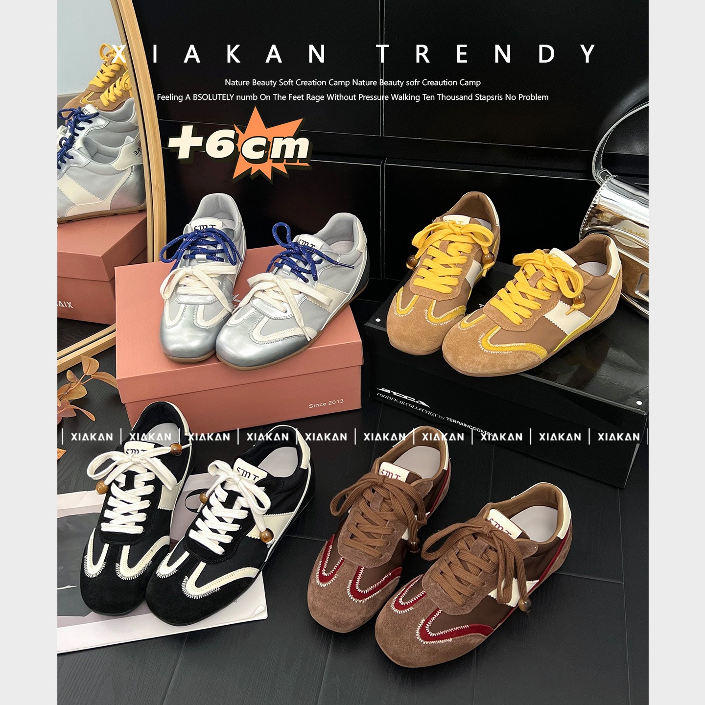 「珍姐」夏侃琥珀流光内增高6cm串珠撞色小众德训鞋女时尚阿甘鞋