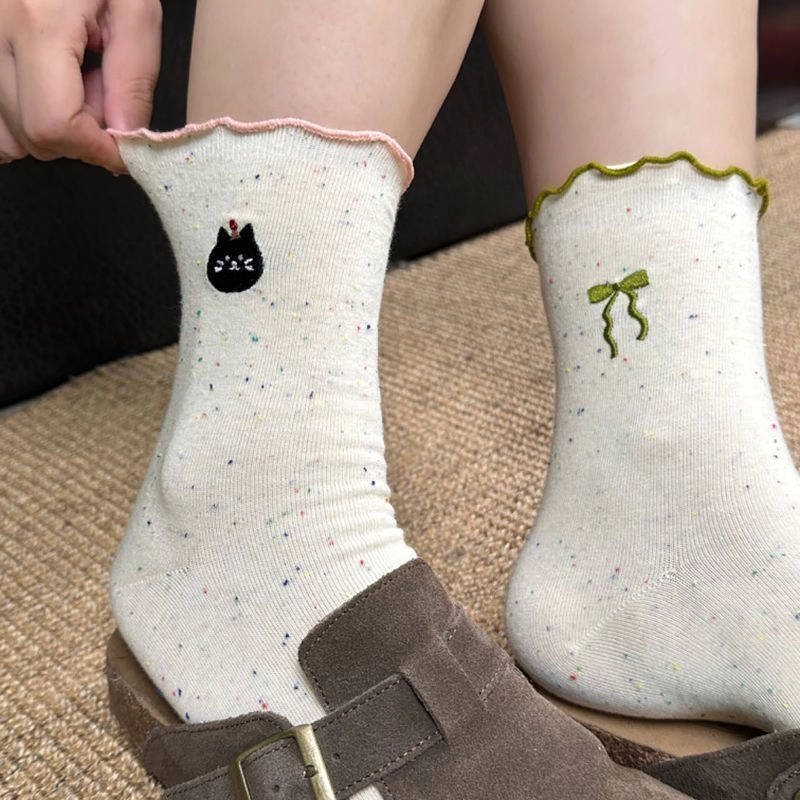 袜子女中筒袜木耳边春秋款可爱卡通点子沙百搭花边蝴蝶结学生长袜