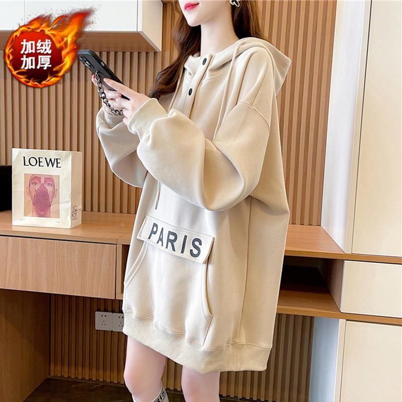2025年秋冬装新款超大码胖中长款连帽卫衣女装爆款加绒加厚外套