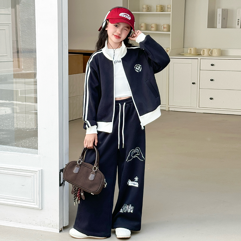 女大童休闲套装2025春季新款小女孩韩版洋气外套印花阔腿裤两件套
