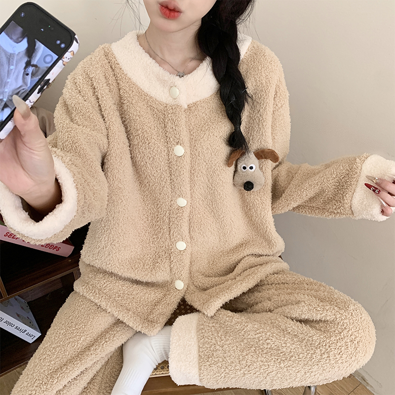 冬季睡衣女爆款简约小狗半边绒圆领开衫加厚加绒套装珊瑚绒家居服