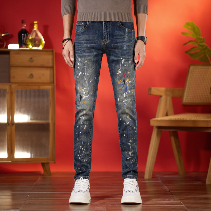 秋季新款男士牛仔裤深蓝泼墨假破洞修身小脚长裤弹力休闲可选九分