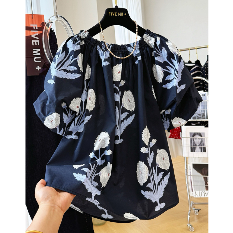 高级感轻奢复古印花泡泡短袖绝美很仙一字肩上衣女夏独特漂亮小衫